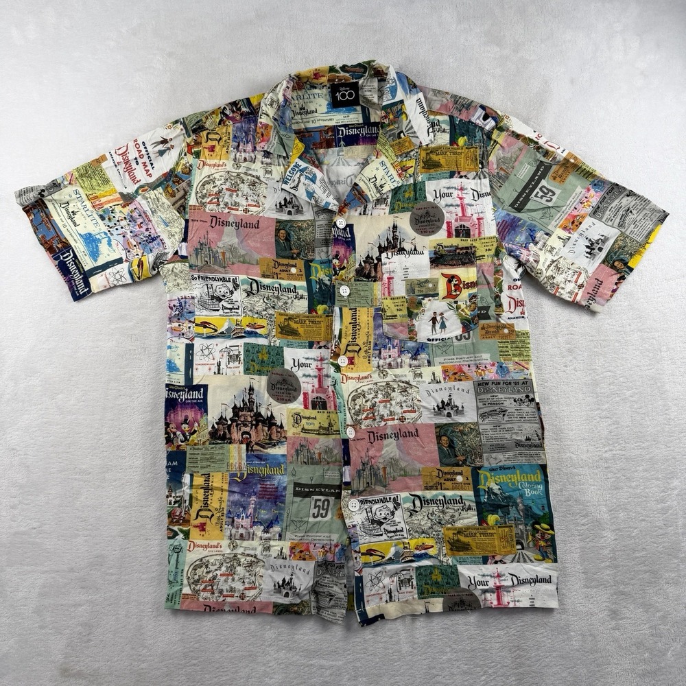 Disney 100 Disneyland Button Down Short Sleeve Viscose Size Small Collage AOP - Picture 2 of 12